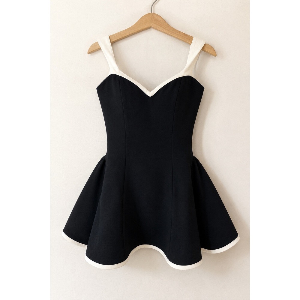 LEAU Ramona Corset Babydoll Mini Dress Black White Contrast Flare Size L NWT